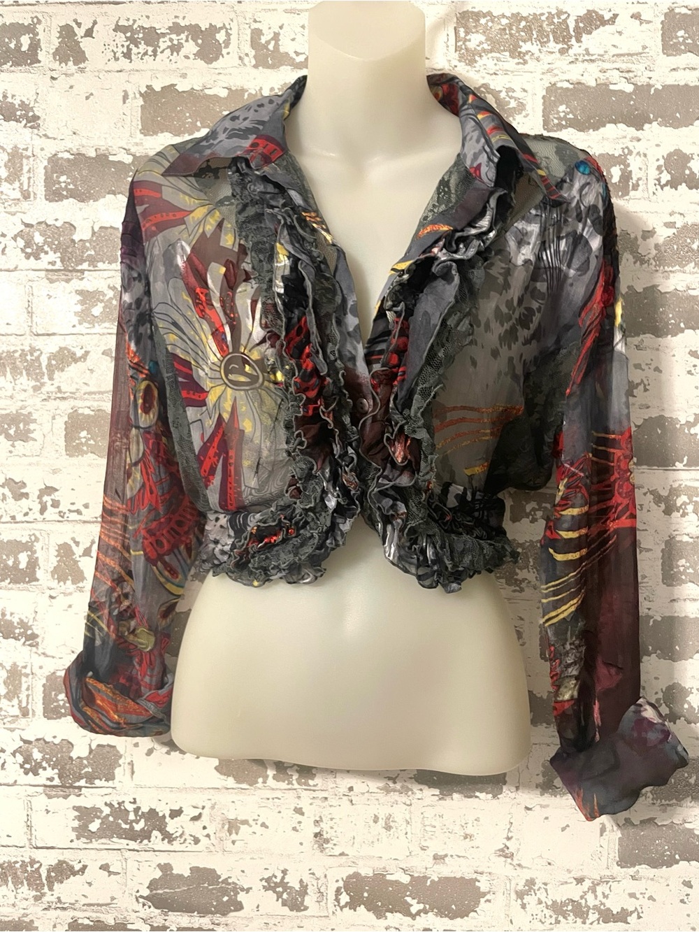 MK Solo Stella Silk Blend Sheer Ruffle Boho Blouse Size L Y2K Romantic Top - Picture 3 of 10